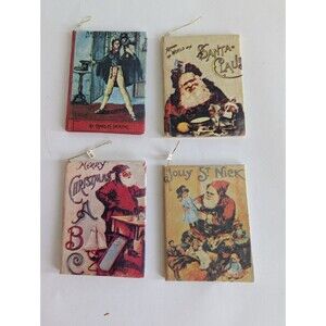 4 Vintage Christmas Mini Book Ornaments Santa Claus ABC Dickens Jolly St. Nick
